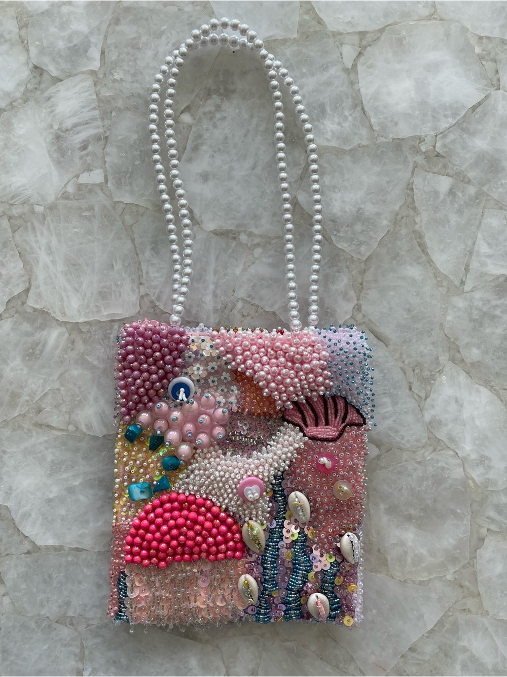 Hand-Beaded Pink Seashell Pearl Handle Evening Bag